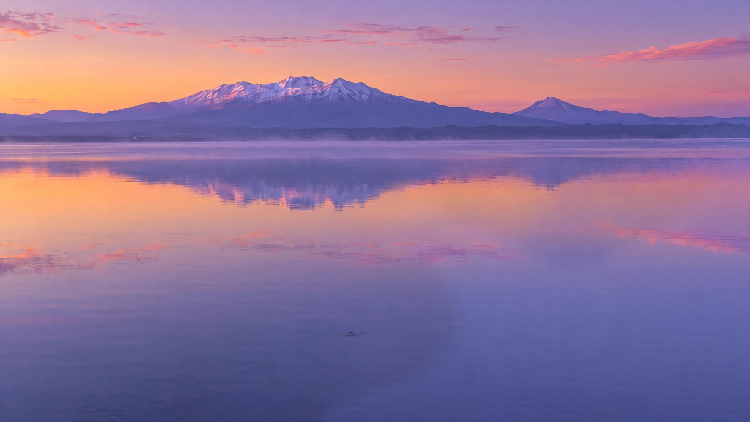 Illustration of pink and violet dawn clouds above Lake Taupo, snow-streaked volcanoes across calm water and a wooden jetty with a rowing boat