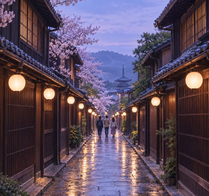 Illustration of an old Kyoto lane at dusk, with paper lanterns along wooden houses.