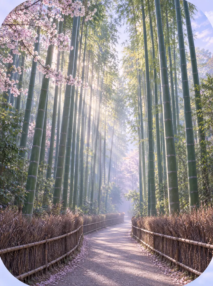 Illustration of a path through a tall bamboo grove in early morning light.