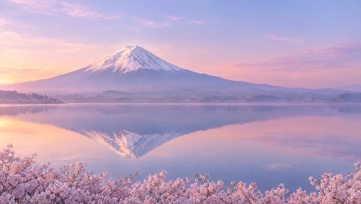 Illustration of Mount Fuji reflected in Lake Kawaguchi at sunrise, with cherry blossom on the shore.