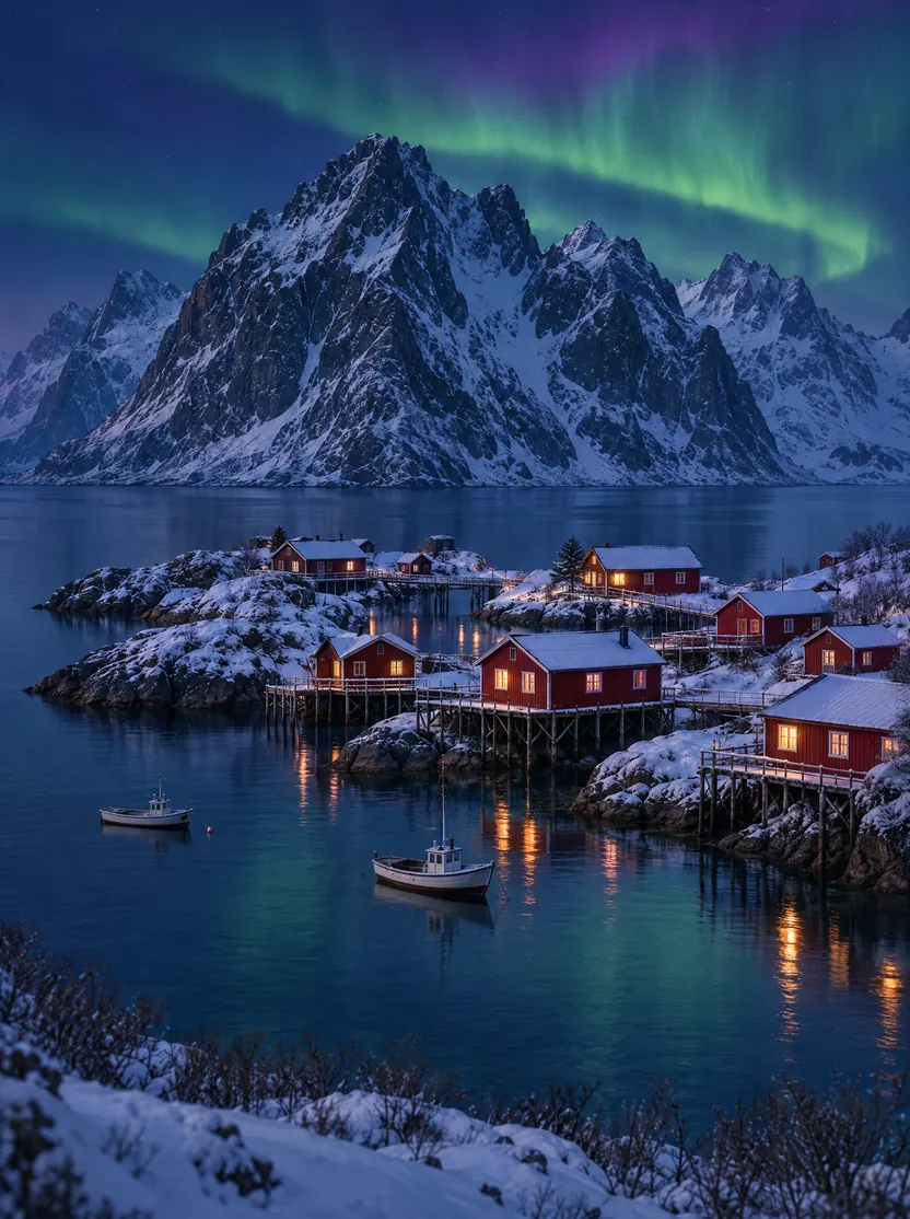 Illustration of red fishing cabins at Reine in the Lofoten Islands at blue hour.