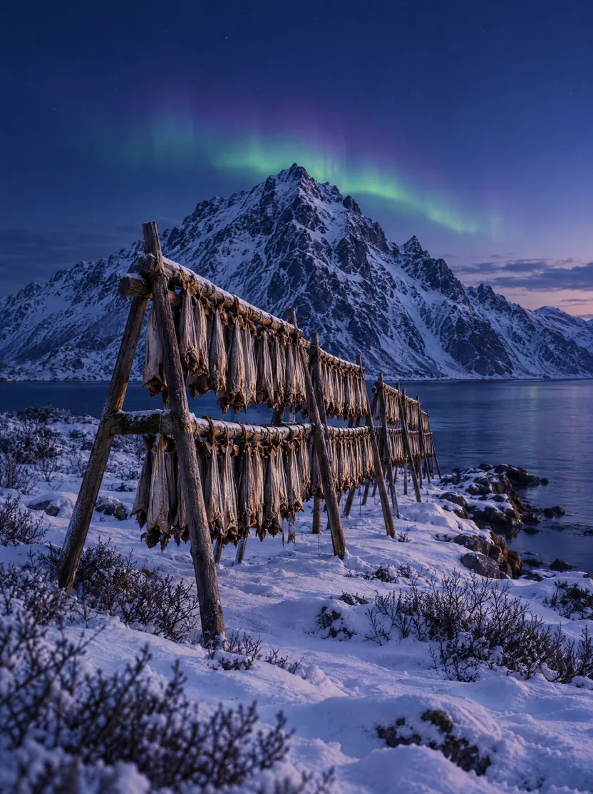 Illustration of cod drying on wooden racks on a snowy shore at dusk.