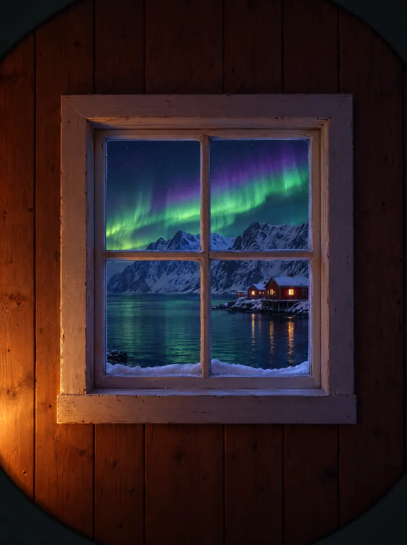 Illustration of the northern lights seen through the window of a fisherman's cabin.