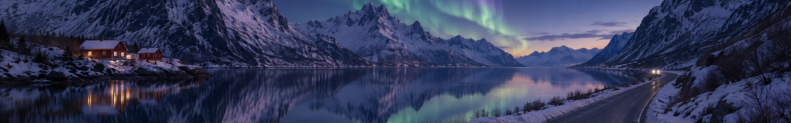 Illustration of a road along a fjord between snow banks at twilight.