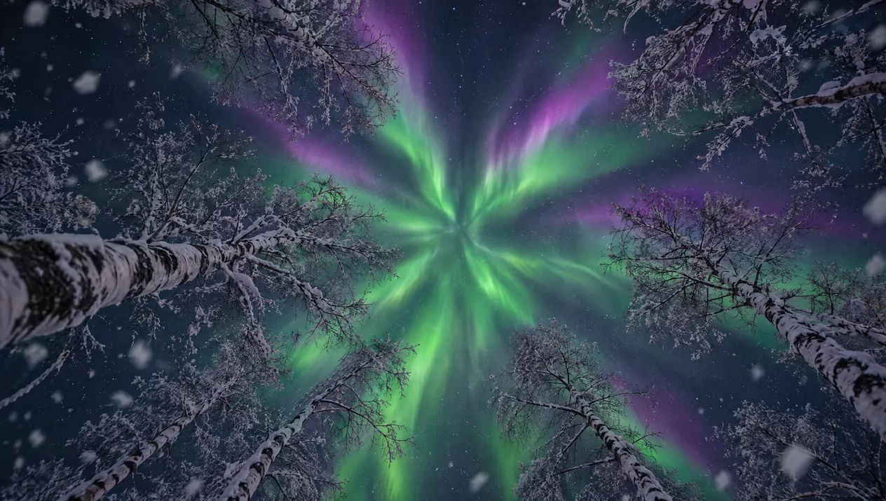 Illustration of the northern lights overhead, seen through snowy birch trees.