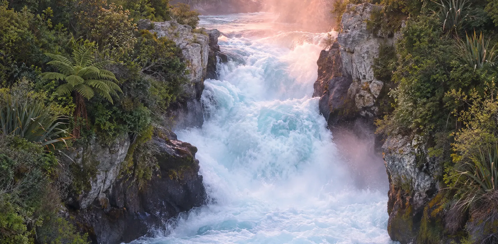 Illustration of Huka Falls, with blue-white water rushing through a rock channel.