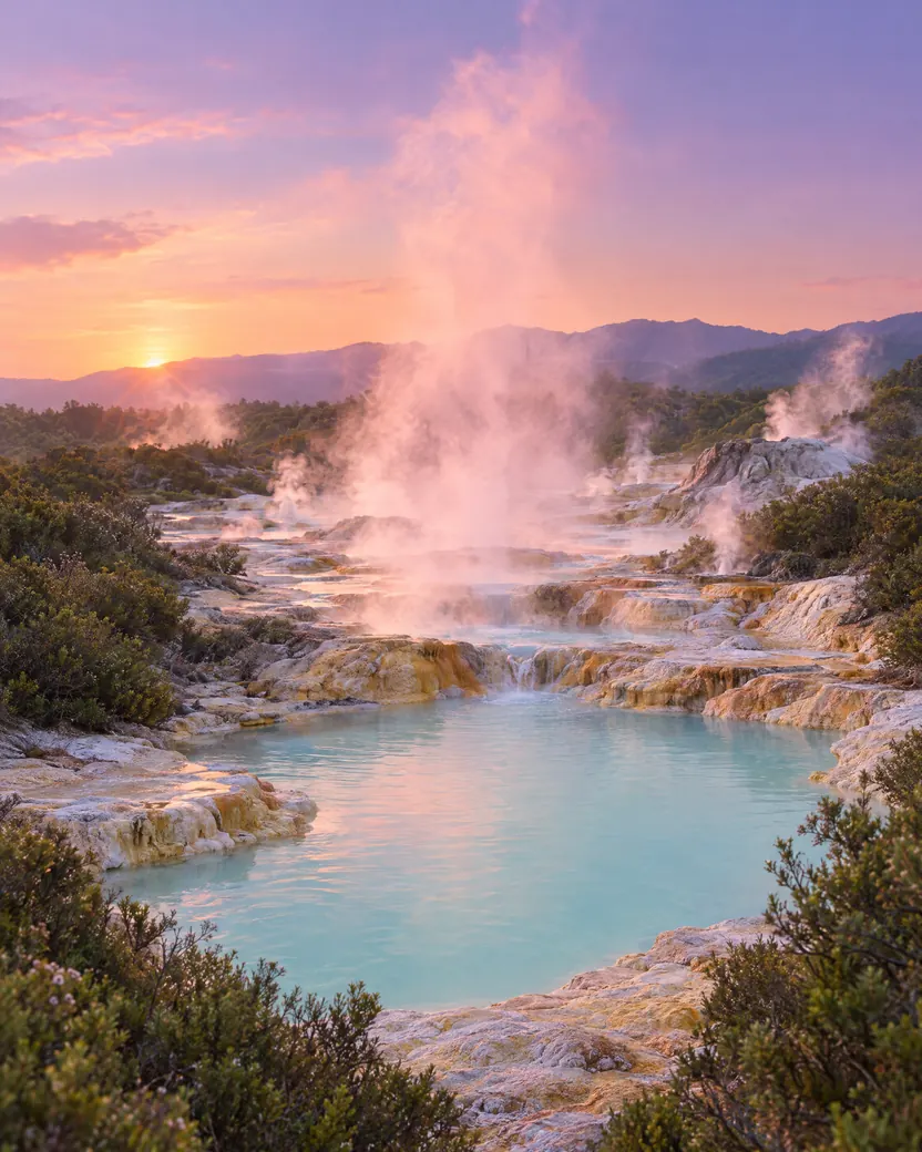 Illustration of steam rising from geothermal pools near Rotorua at dawn.